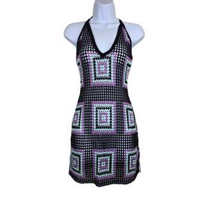 ASOS Womens Purple Green Black Square Crochet Halter Neck Mini Dress Size 4 NWOT